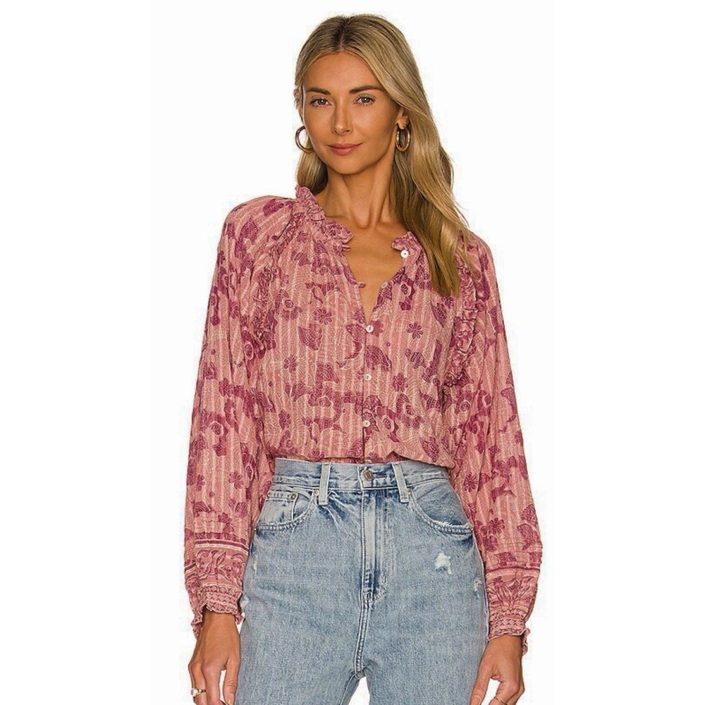 Cleobella Blouse XL Organic Cotton Pink Floral Boho Peasant Cottagecore Top